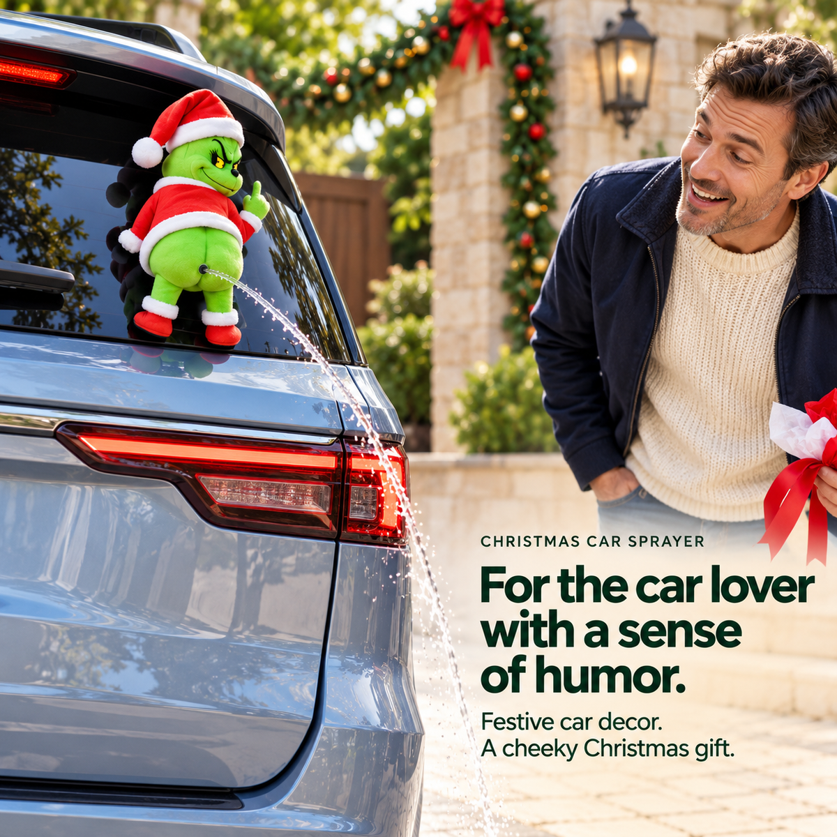 🎄 Funny Water-Spraying Christmas Car Decoration – A Cheeky Holiday Surprise 💦