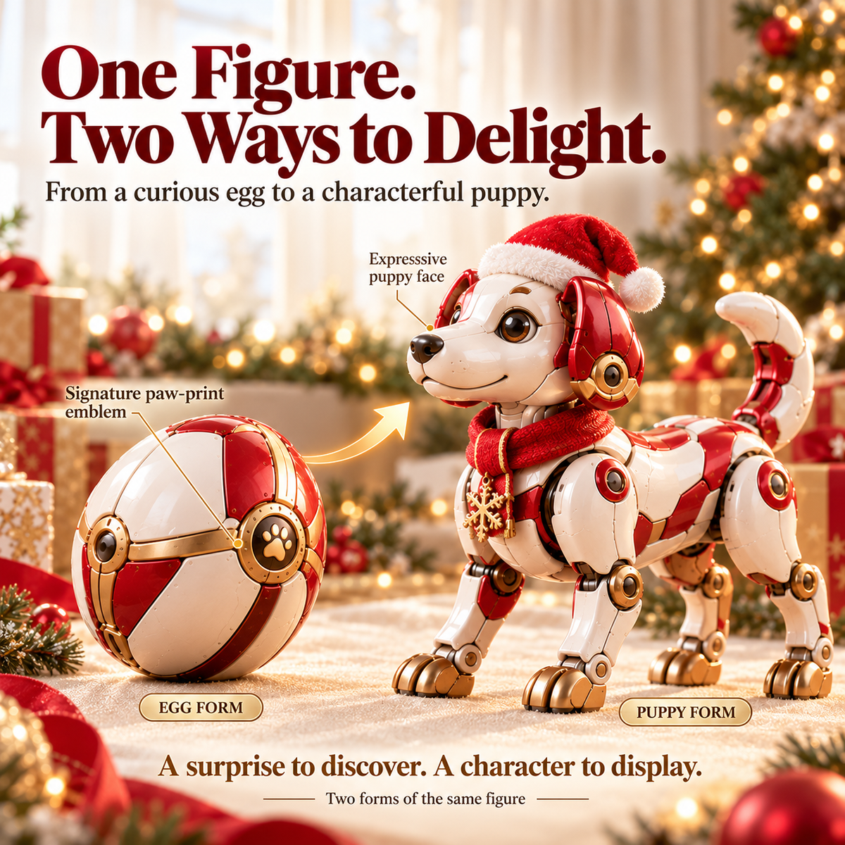 🎄 2-in-1 Christmas Puppy Transformer – Egg-to-Dog Figure with Festive Red & Gold Details 🎁