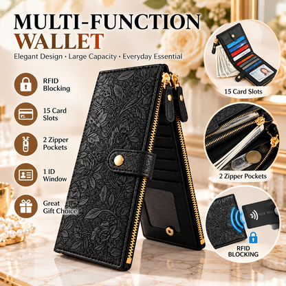 ✨ RFID Blocker Bifold Wallet – Women's Vegan PU Zip Wallet with 16 Card Slots, 2 ID Windows & 2 Zipper Pockets