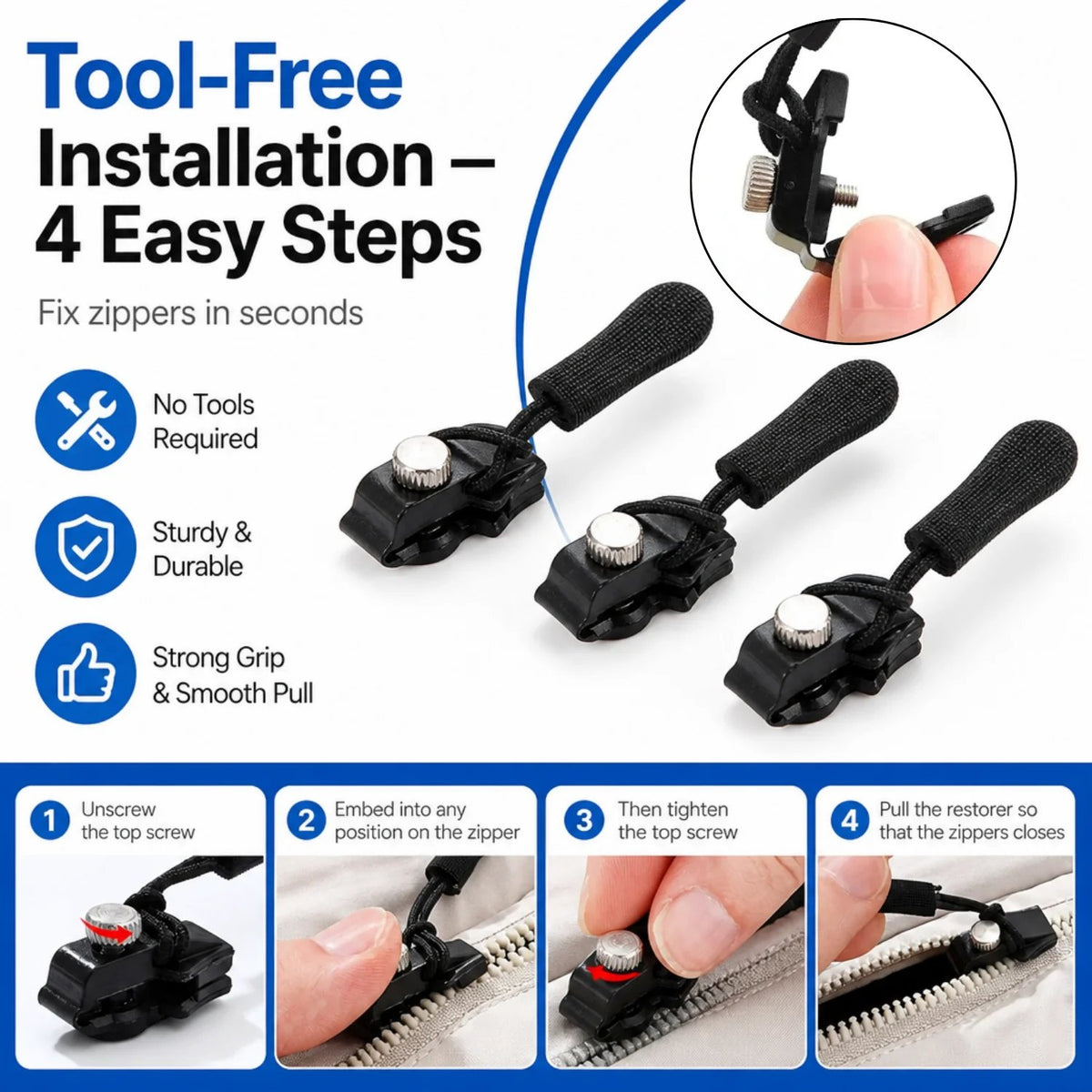 🔧 15pcs Universal Zipper Repair Tool | 3 Sizes Detachable Suitable