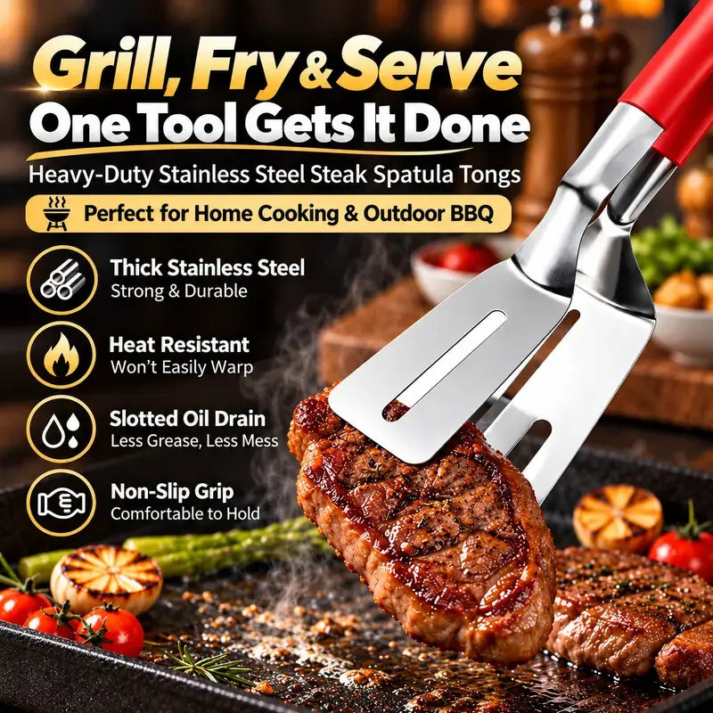 🔥2‑in‑1 Stainless Steel Spatula Tongs | 🧤Heat‑Resistant Handle BBQ Grill Turner for Steak & Outdoor Grilling🍖