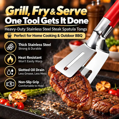 🔥2‑in‑1 Stainless Steel Spatula Tongs | 🧤Heat‑Resistant Handle BBQ Grill Turner for Steak & Outdoor Grilling🍖