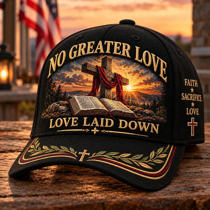 🧢 “No Greater Love” Christian Baseball Cap — Washed Cotton Twill & Adjustable Fit