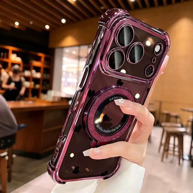 Cute Heart Clear Electroplated Shockproof Case with Glitter Ring Stand for iPhone 18 Pro Max & Samsung Galaxy S26 Ultra