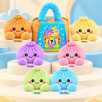 Cute Plush Stuffed Dumpling Squishies with Bamboo-Style Steamer Basket, Big Rainbow Squishy Toy