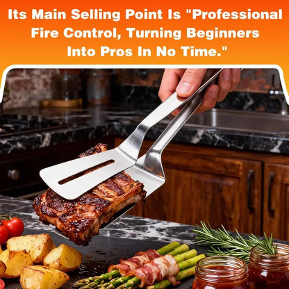 🔥2‑in‑1 Stainless Steel Spatula Tongs | 🧤Heat‑Resistant Handle BBQ Grill Turner for Steak & Outdoor Grilling🍖