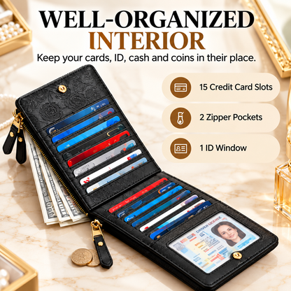 ✨ RFID Blocker Bifold Wallet – Women's Vegan PU Zip Wallet with 16 Card Slots, 2 ID Windows & 2 Zipper Pockets