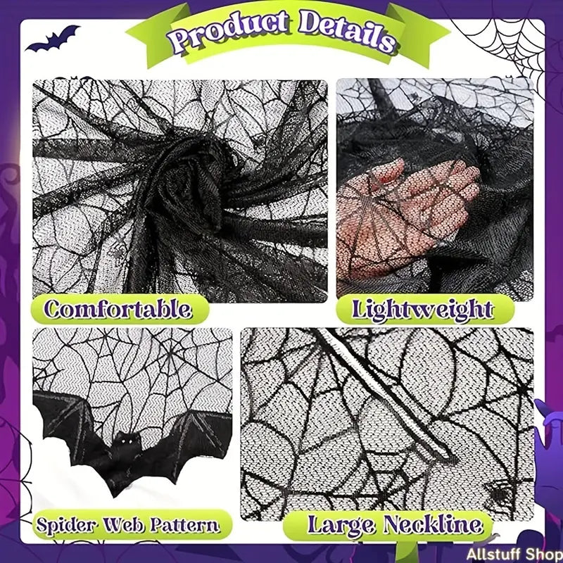 🕷️Halloween Gothic Spider Web Lace Poncho | Witch Cosplay Shawl with Bat Edge