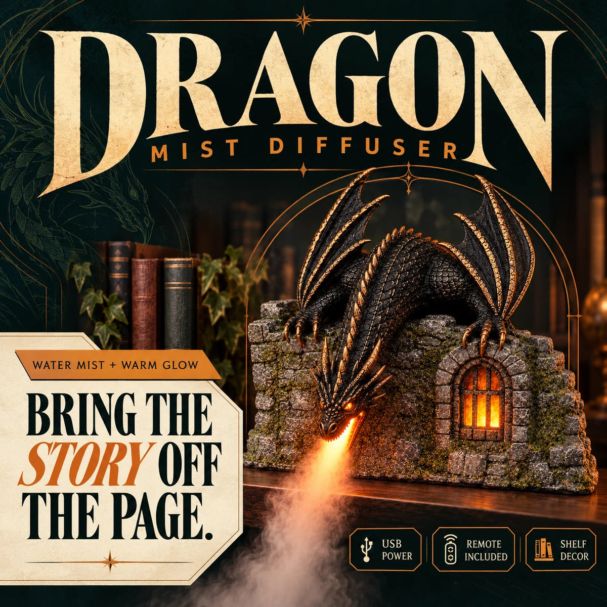 🔥Last Day 49% OFF🔥🐉 Dragon Mist Diffuser – Glowing Castle Bookshelf Decor
