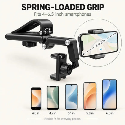 Foldable Car Phone Holder for Sun Visor, Adjustable Arm with 360° Phone Rotation, Spring Clip Mount for 4–6.5 Inch Smartphones, Black,toolupgrade