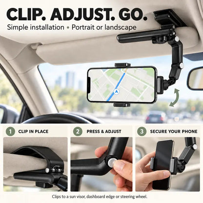🚗 360° Rotating Car Sun Visor Phone Holder – Foldable & Adjustable Hands-Free Phone Mount