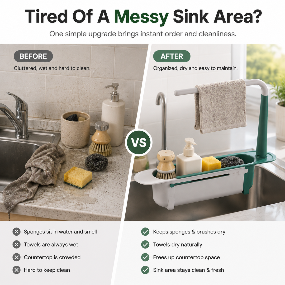 🚰 50% OFF! 🧽 2-in-1 Sink Organizer Rack – Expandable & towel drying bar ✨