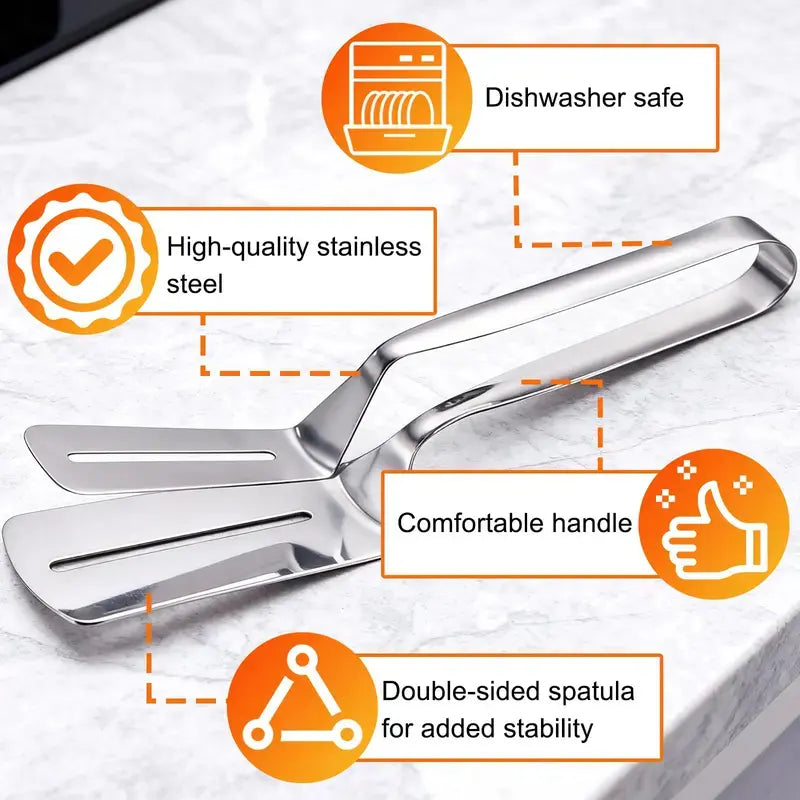 🔥2‑in‑1 Stainless Steel Spatula Tongs | 🧤Heat‑Resistant Handle BBQ Grill Turner for Steak & Outdoor Grilling🍖