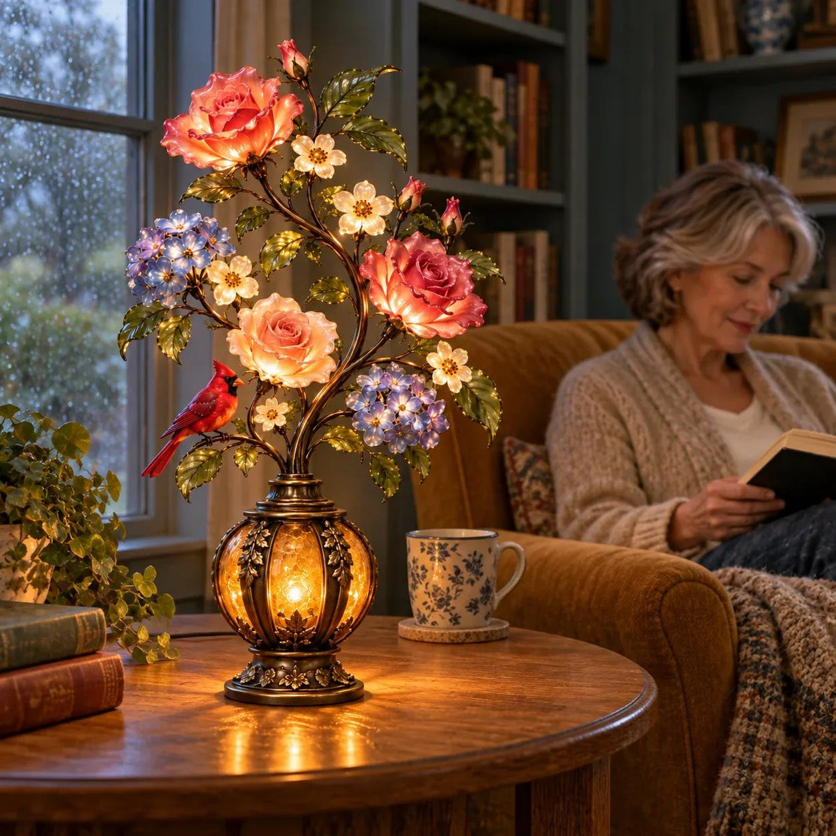 💥🏆🌹✨ Eternal Bloom – Vintage Rose & Cardinal Table Lamp