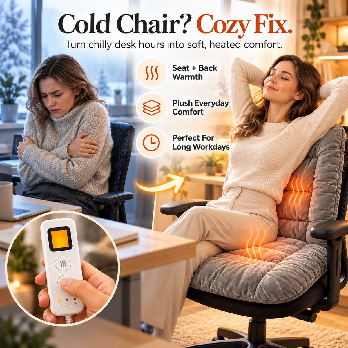 🔥 Heated Seat & Back Cushion – Plush Chair Warmer