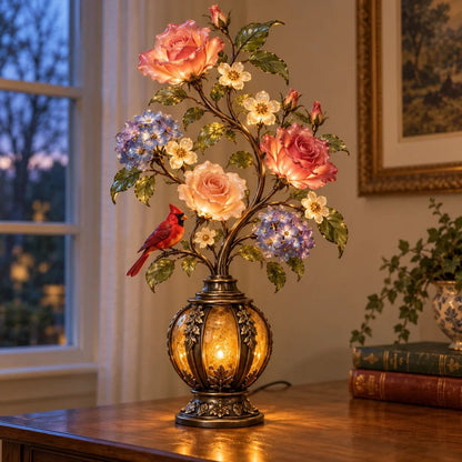 💥🏆🌹✨ Eternal Bloom – Vintage Rose & Cardinal Table Lamp