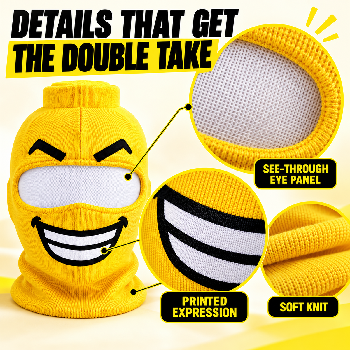 Funny Face Knit Mask – eye panel and knit detail