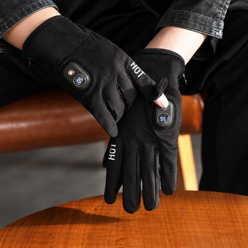 Black rechargeable heated gloves with on-glove controls — square main product image