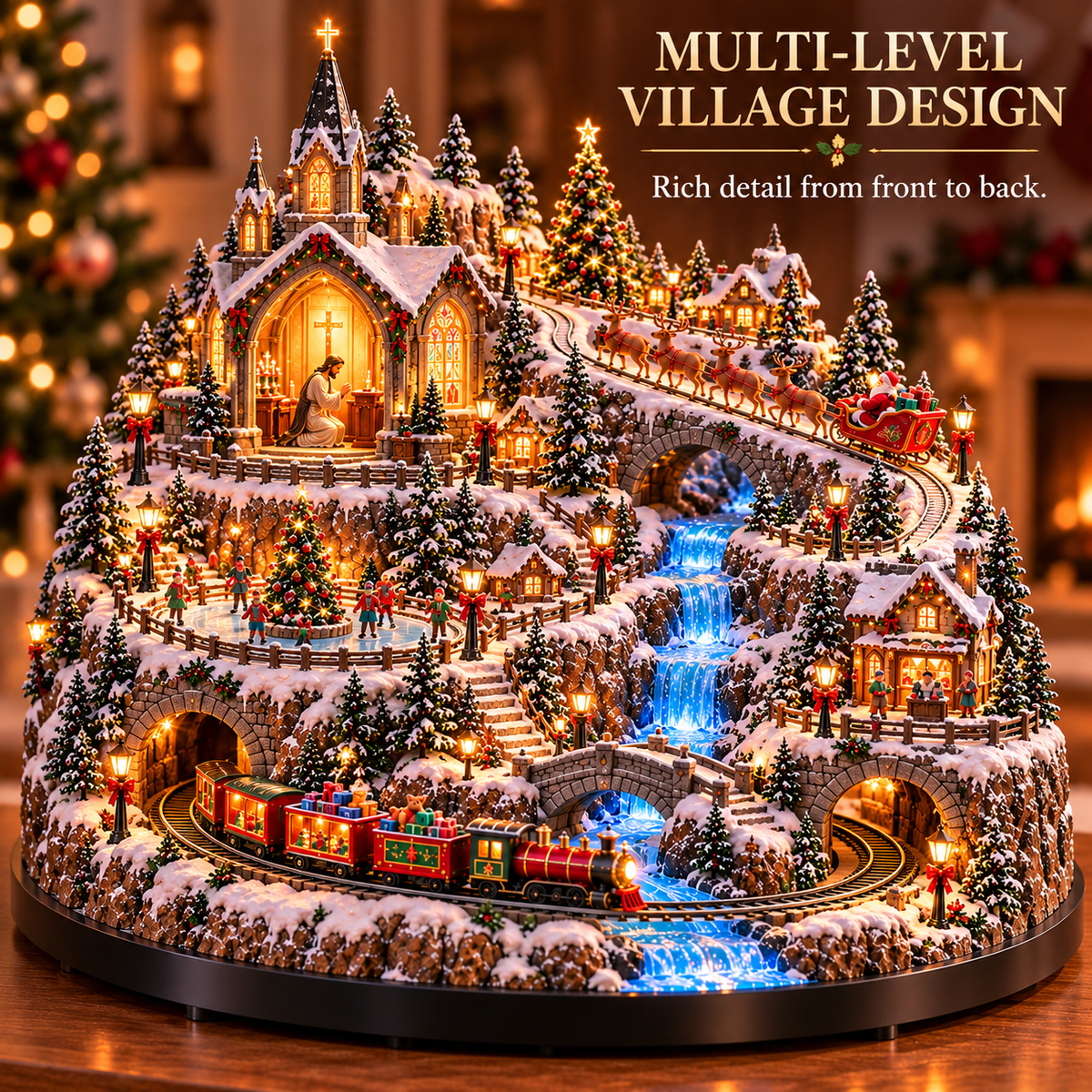 🔥 LAST DAY 49% OFF 🔥 Lighted Animated Christmas Village with Train, Reindeer Sleigh & Waterfall ✨