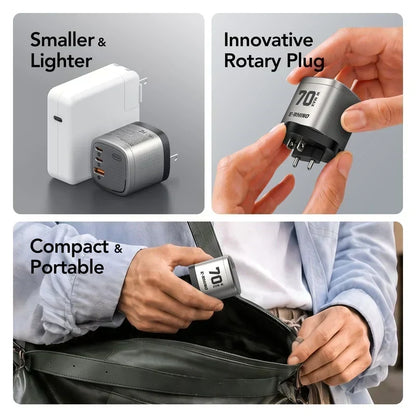🔥Global Travel Charger (70W, 3-Port, GaN, Integrated Rotary Plug)