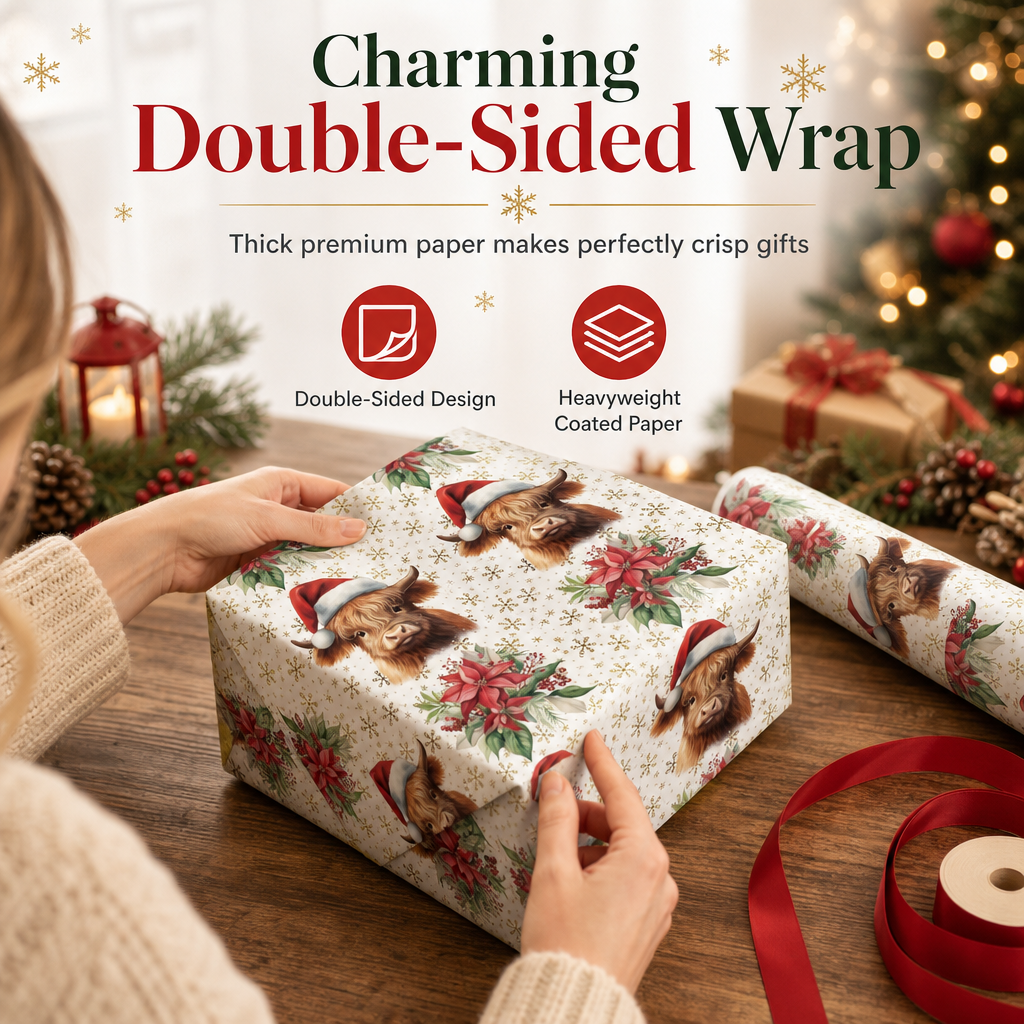 ⏳Time-Limited Special⏰ Christmas Highland Cow Floral Wrapping Paper Roll – Double-sided, Thick, Large Roll ✨