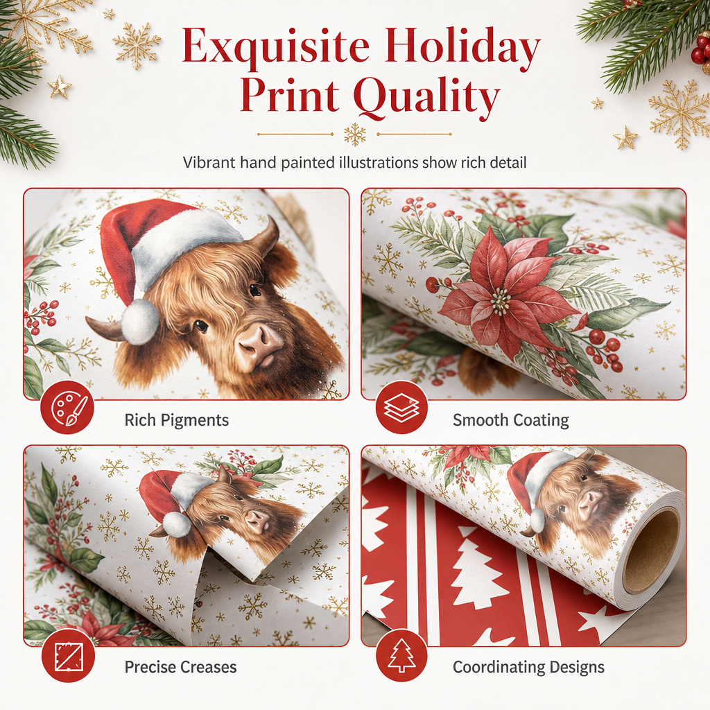 ⏳Time-Limited Special⏰ Christmas Highland Cow Floral Wrapping Paper Roll – Double-sided, Thick, Large Roll ✨