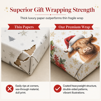 ⏳Time-Limited Special⏰ Christmas Highland Cow Floral Wrapping Paper Roll – Double-sided, Thick, Large Roll ✨